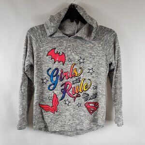 DC Super Hero Girls Heathered Grey Lng Slv Curved Hem Hooded Sweatshirt LG 10-12